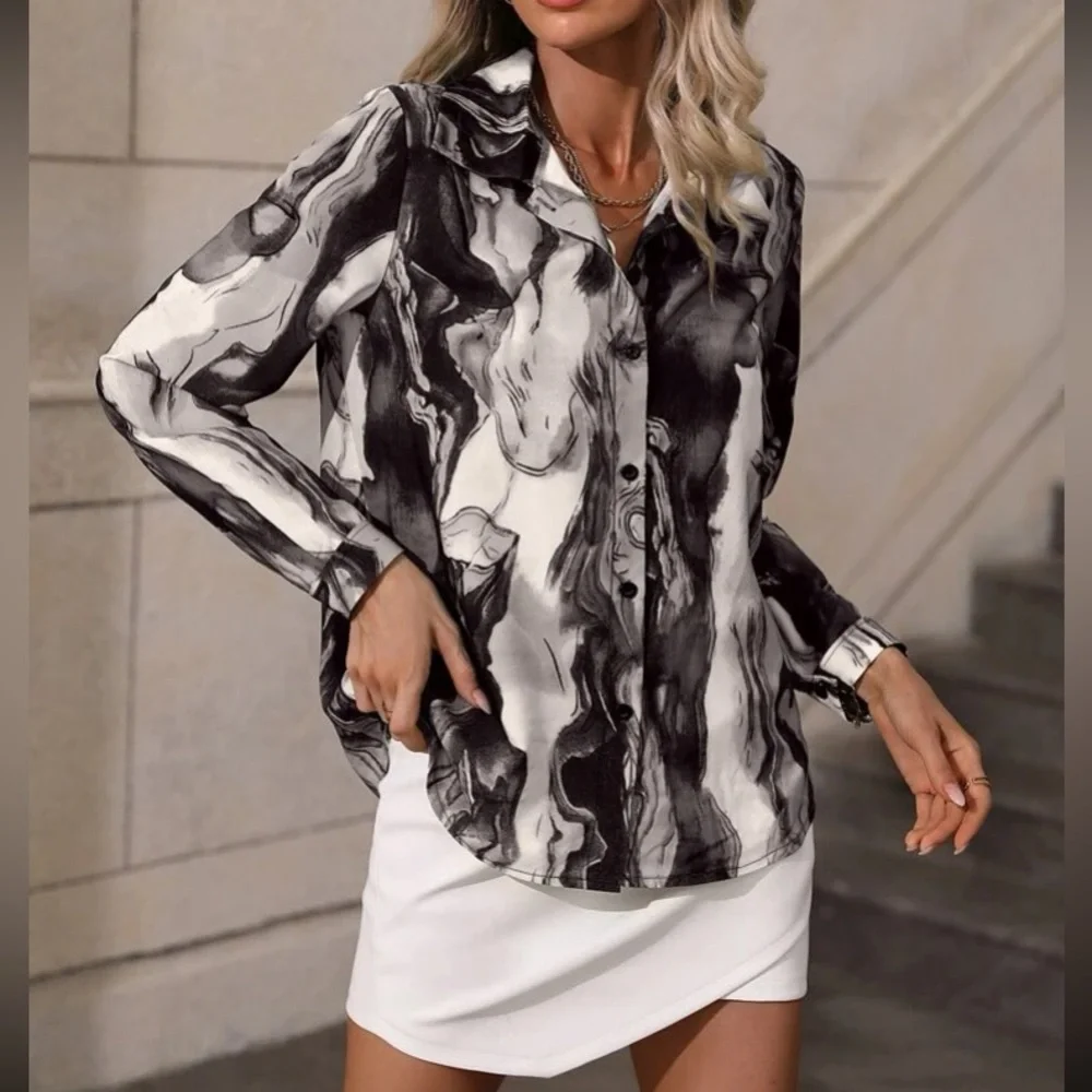Marble black  print button down satin shirt